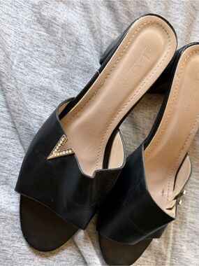 Women's Black Slip-On Mule Heels with Gold V Accent